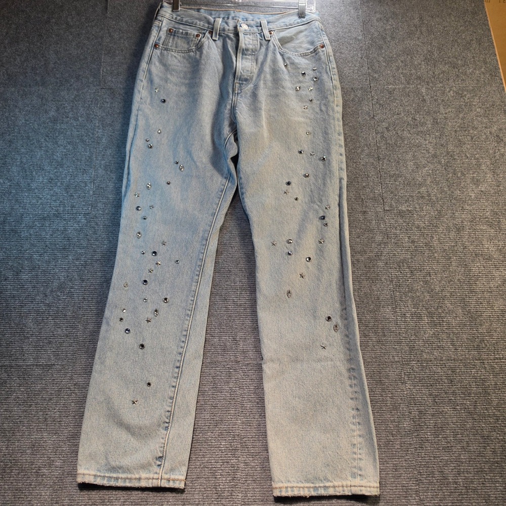 Levi's Premium 501 Studded Rhinestone Star Jeans Bling Blau Light Wash 28x30